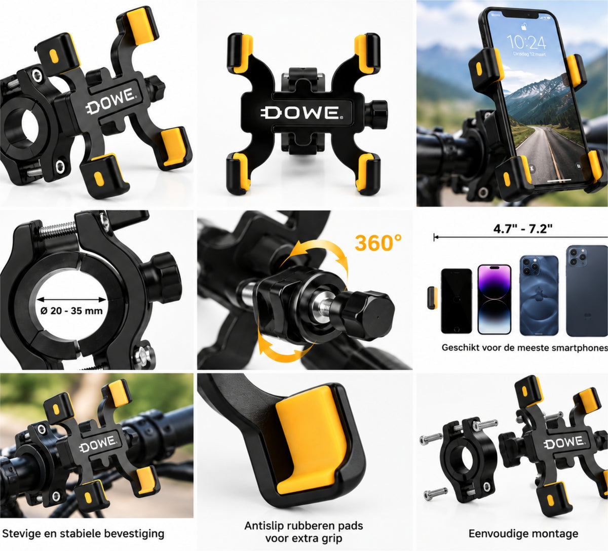 DOWE Telefoonhouder Fiets – Hoogwaardige Aluminiumlegering, 360° Draaibaar & Antislip