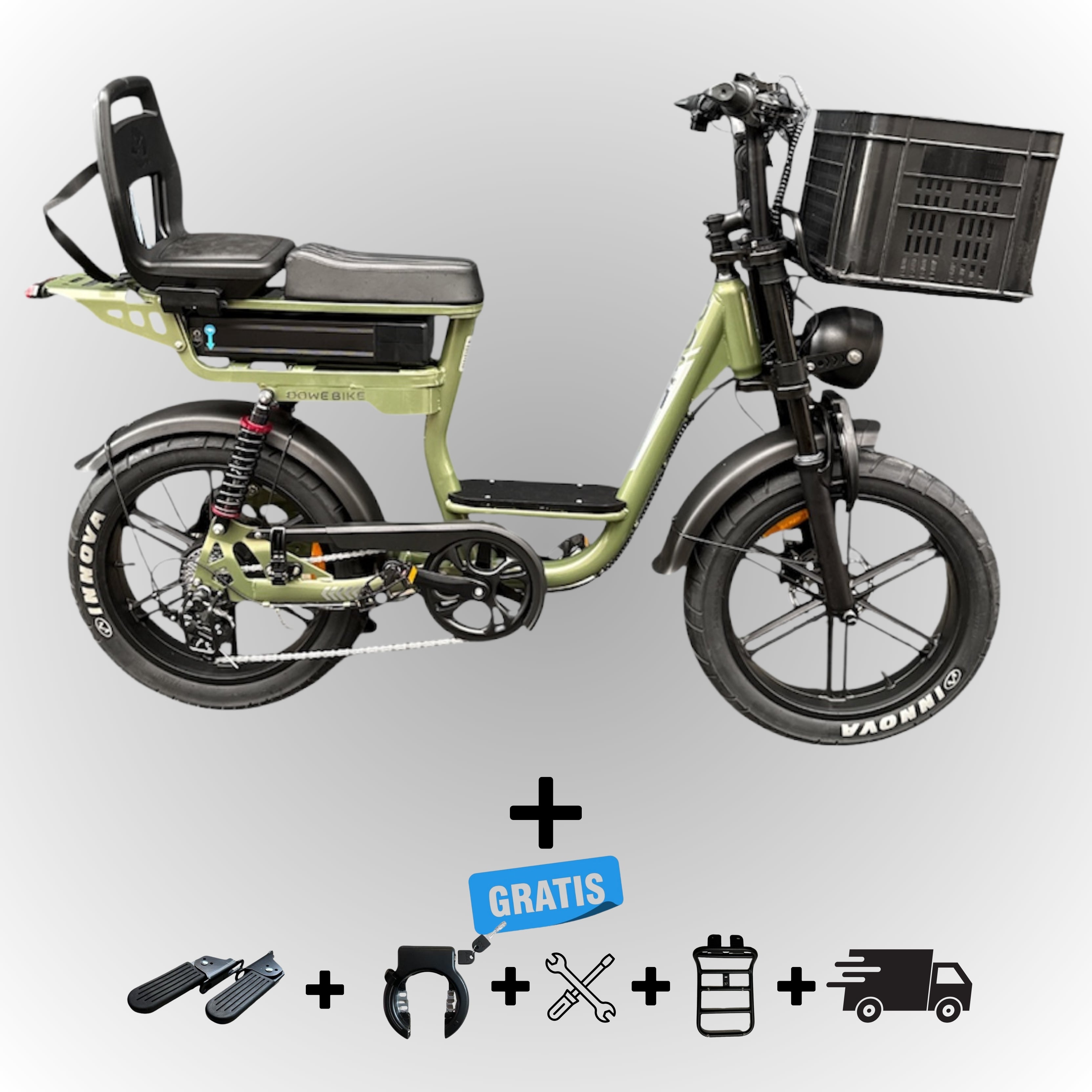 Elektrische fatbike 250W Dowe C28 met kinderzitje achter en voor-krat