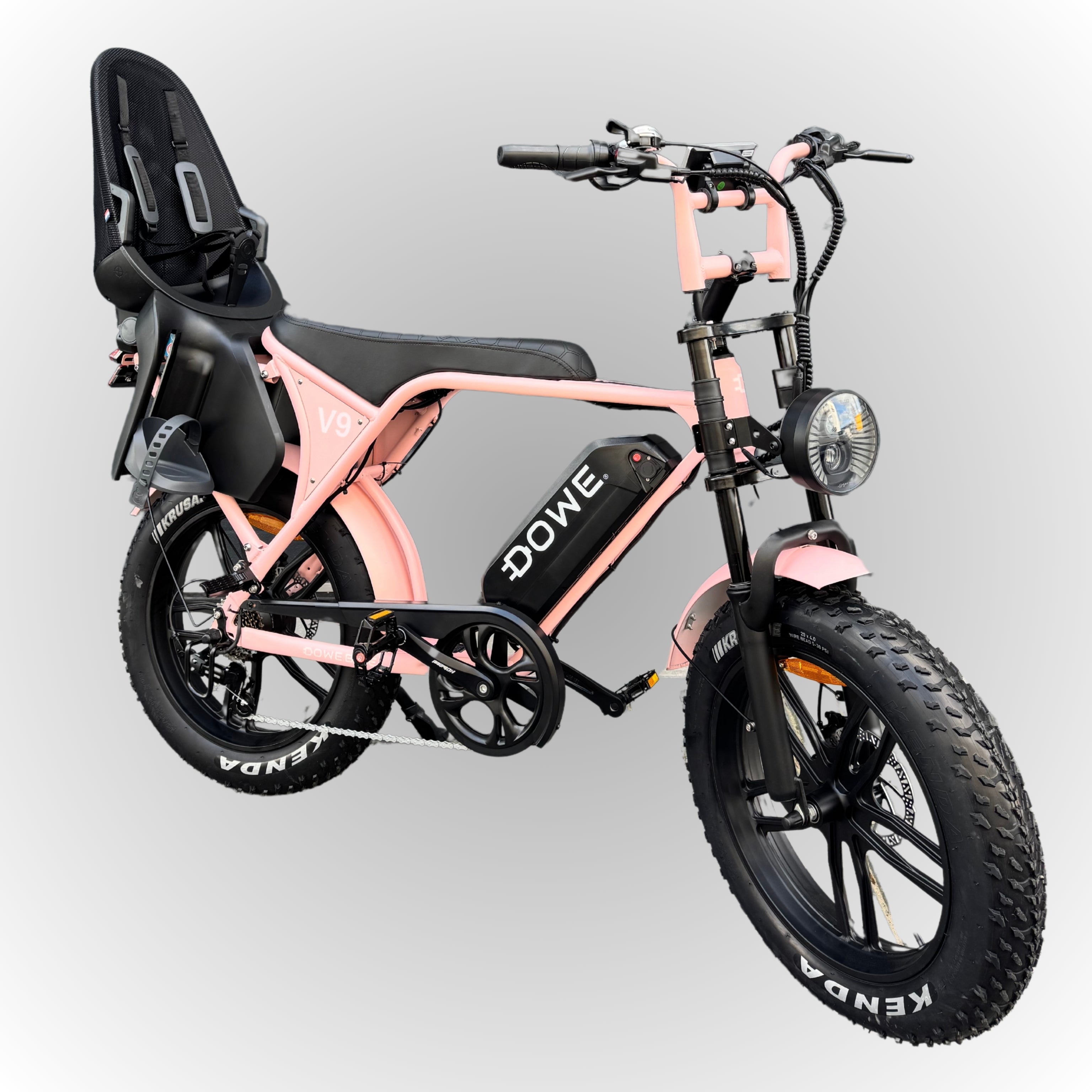 Elektrische fatbike 250W Dowe V9 roze met kinderzitje achter