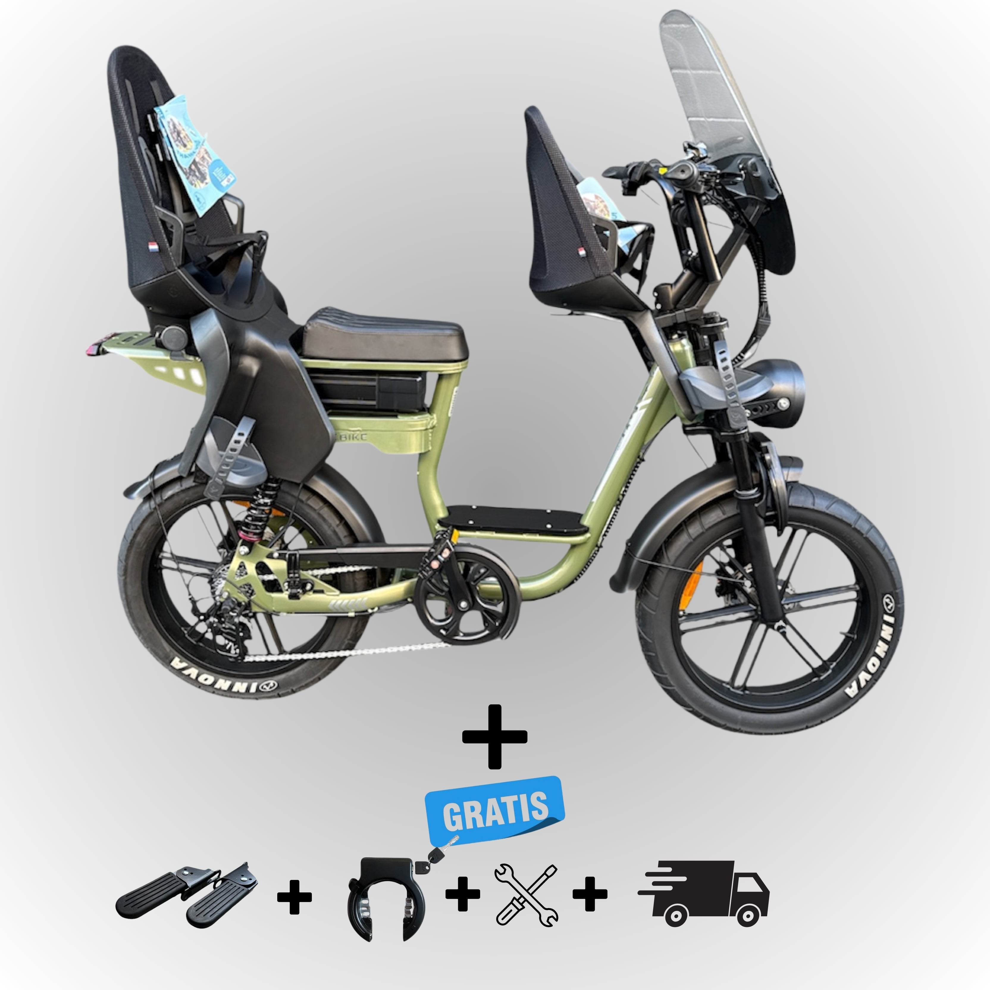 Elektrische fatbike 250W Dowe C28 met kinderzitje voor en achter