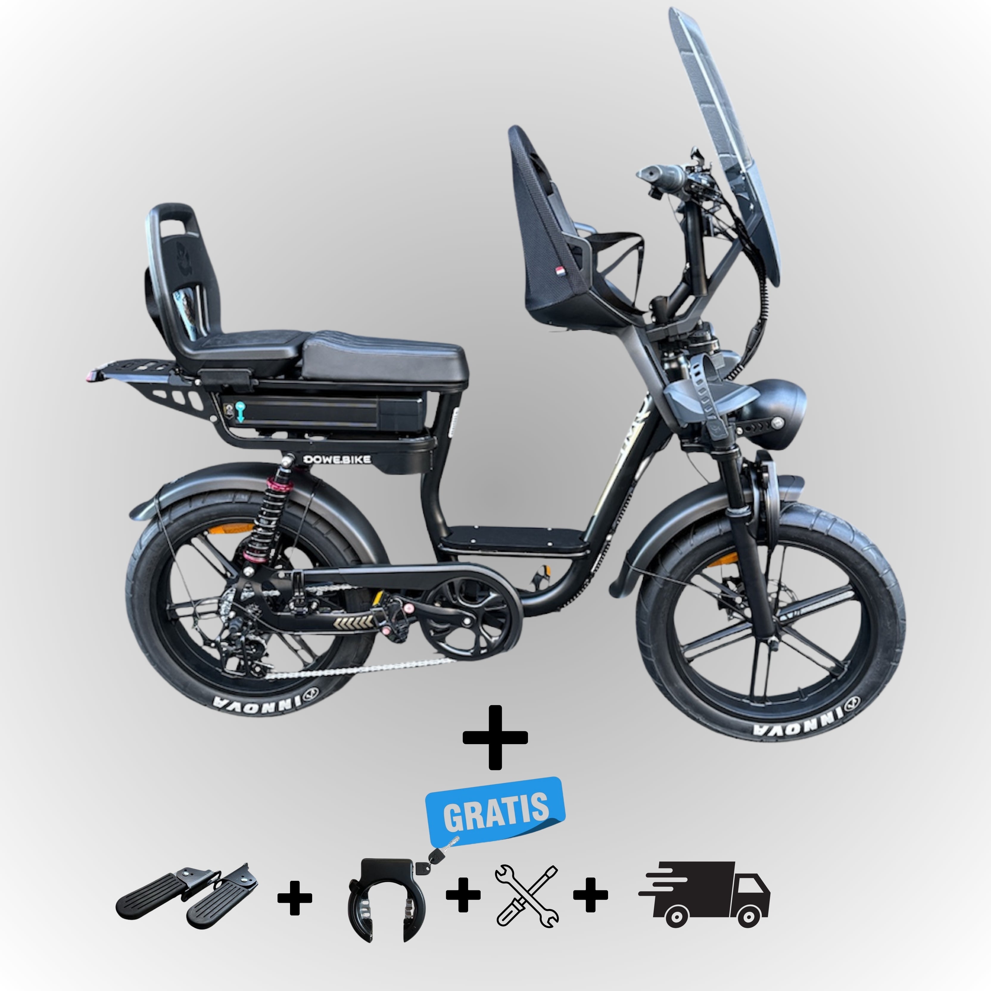 Elektrische fatbike 250W Dowe C28 met kinderzitje voor en achter