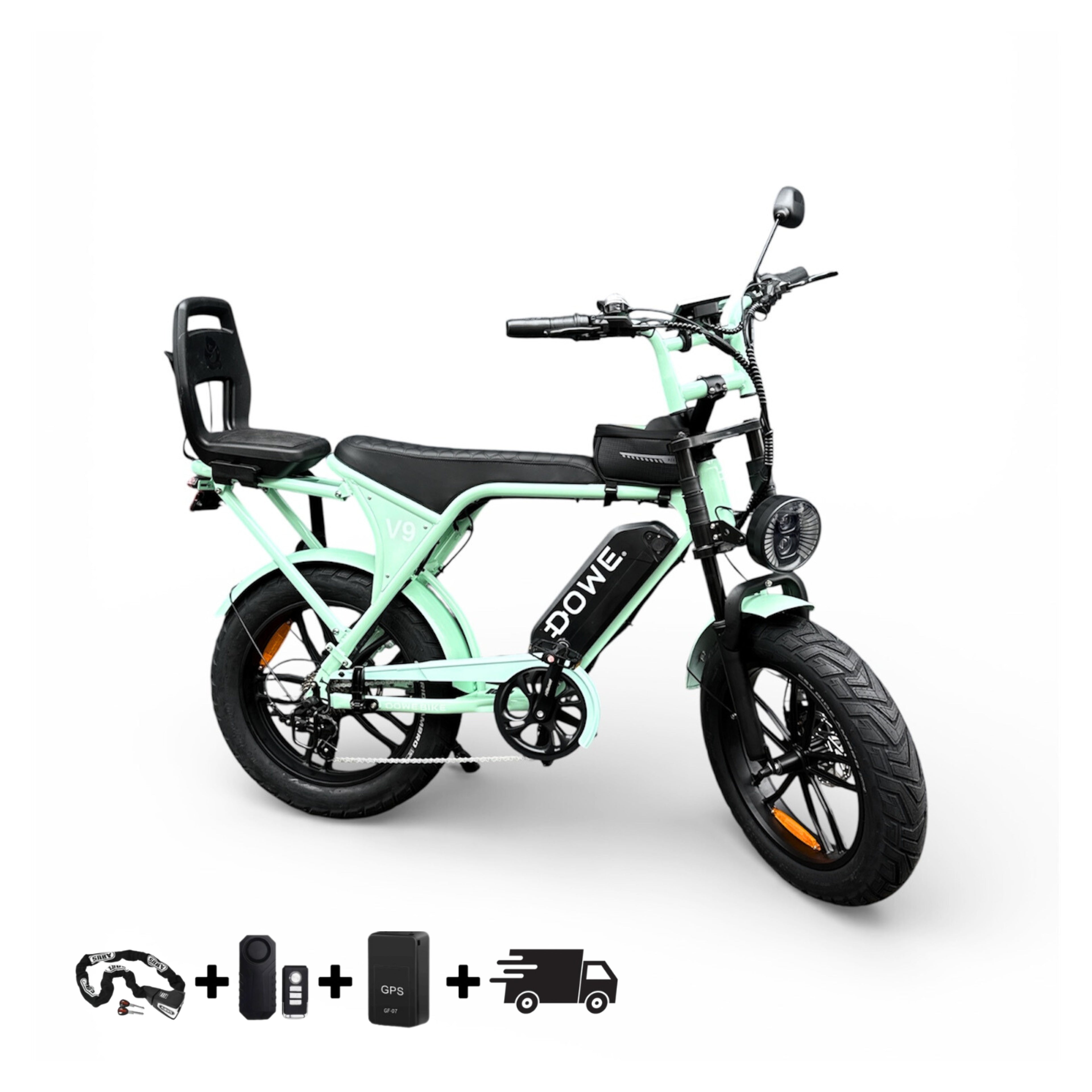 Elektrische Fatbike 250W met Kinderzite | Dowe V9 Mint Groen | Junior 6+ |  17.5Ah Accu | Luxe Uitvoering