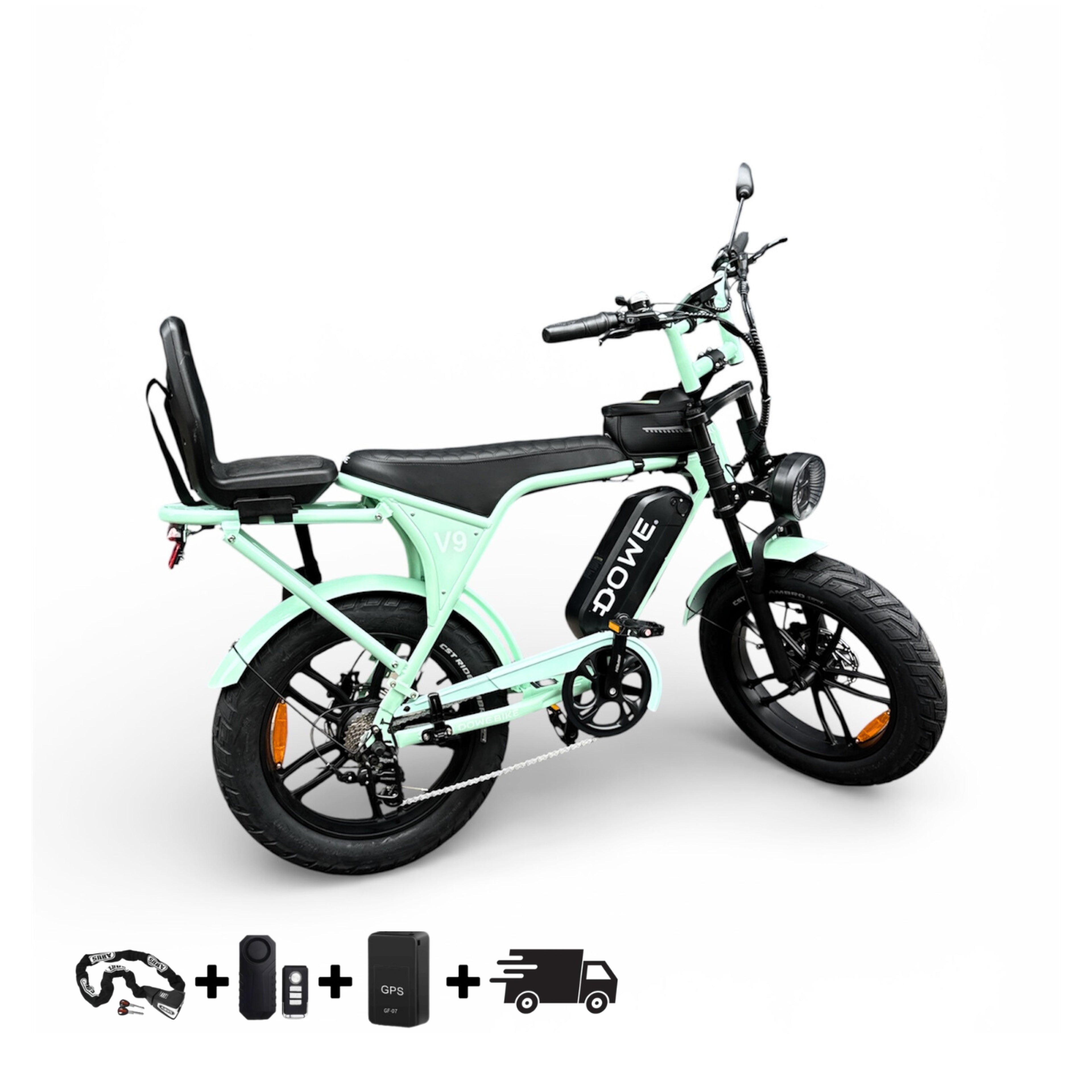 Elektrische Fatbike 250W met Kinderzite | Dowe V9 Mint Groen | Junior 6+ |  17.5Ah Accu | Luxe Uitvoering