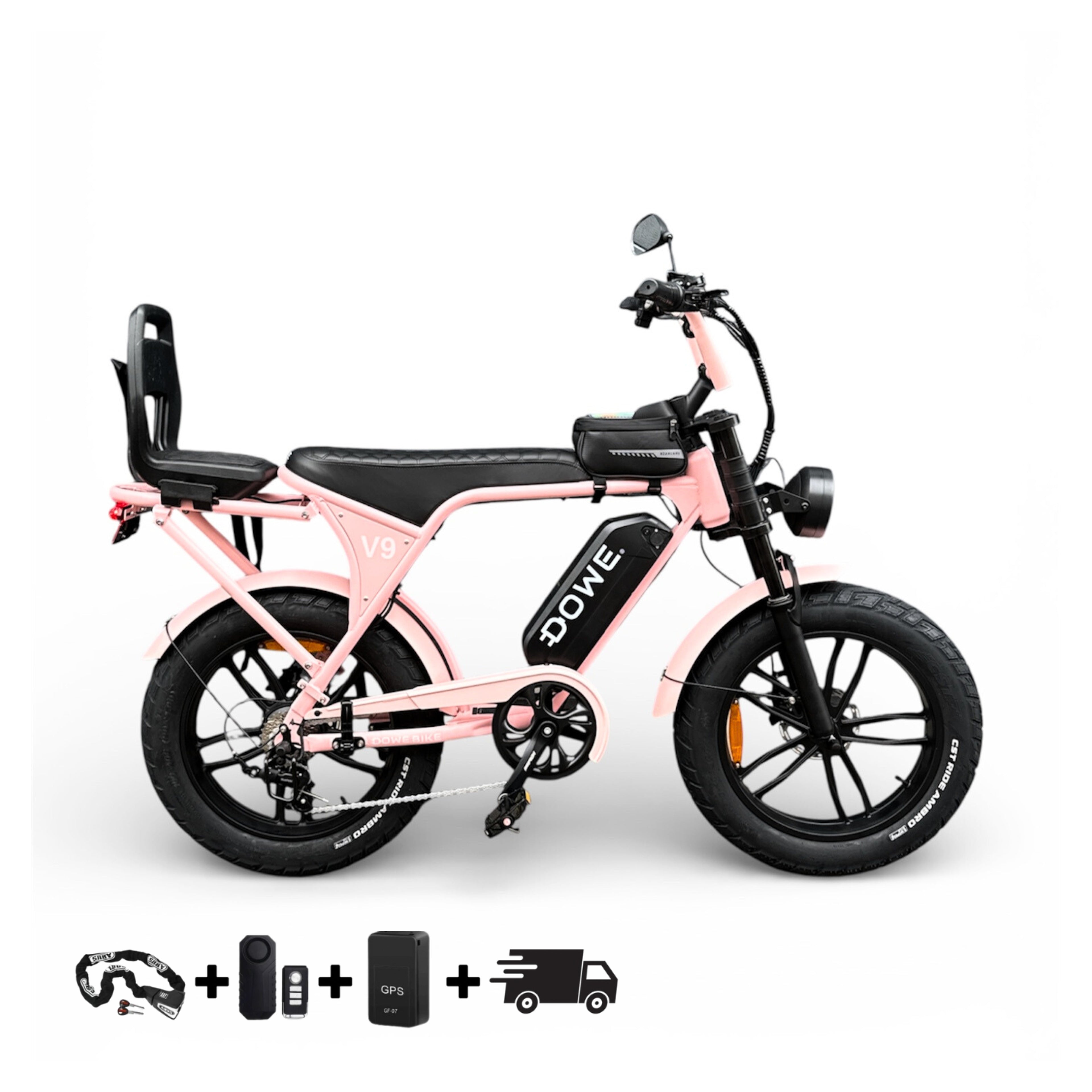 Dowe V9 Elektrische Fatbike met Kinderzitje  – Junior 6+ | Roze Fatbike | Veilig & Krachtig