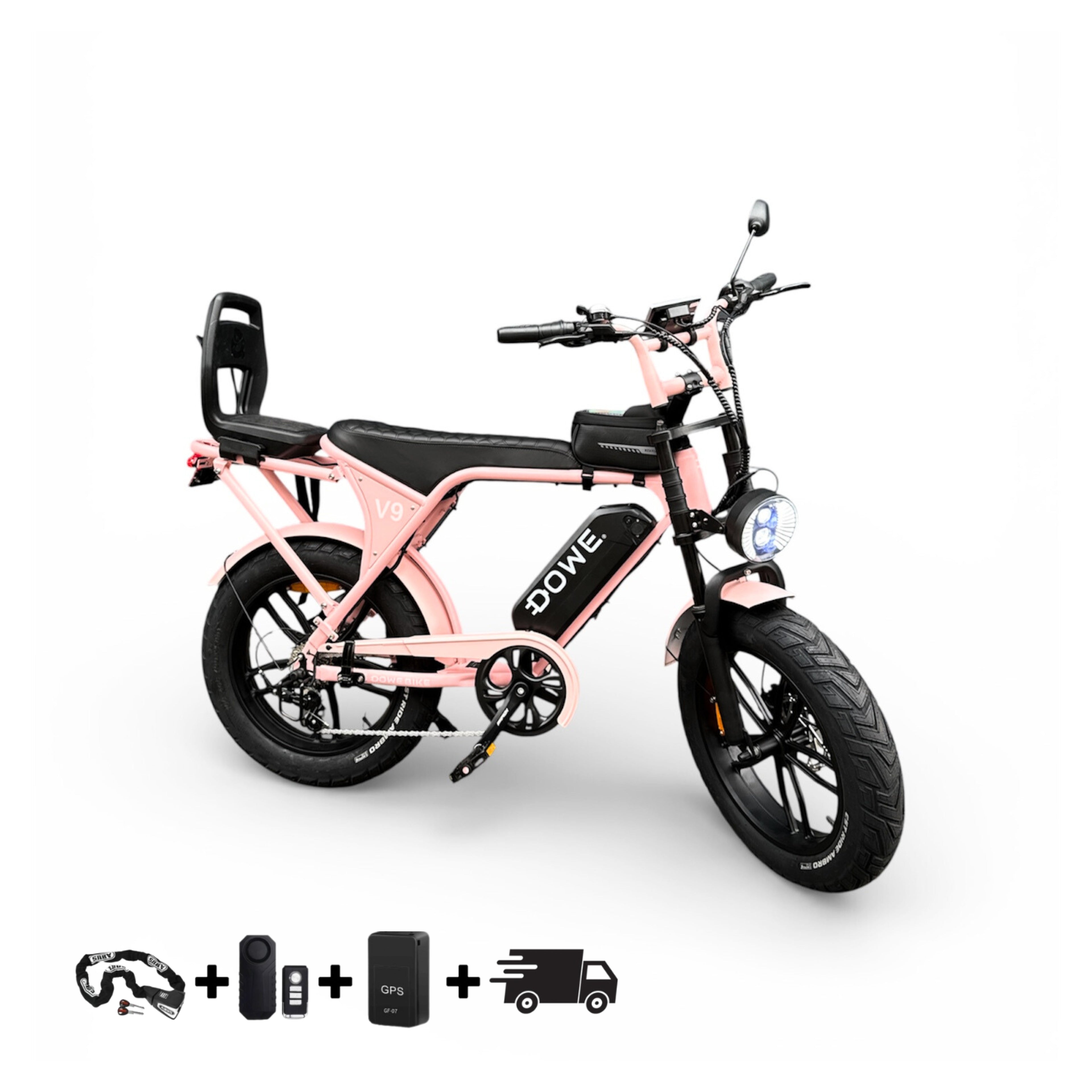 Dowe V9 Elektrische Fatbike met Kinderzitje  – Junior 6+ | Roze Fatbike | Veilig & Krachtig