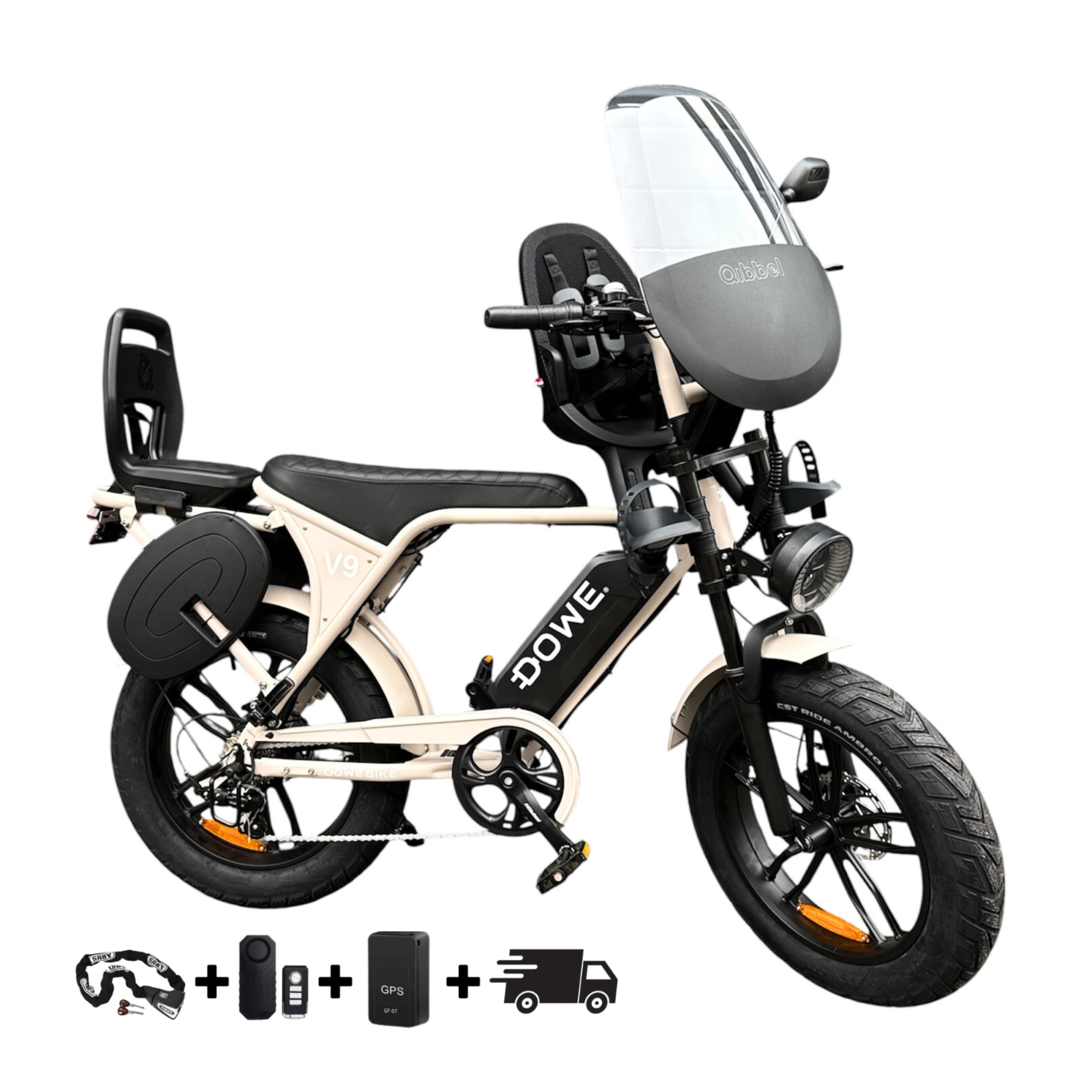 Dowe V9 Elektrische Fatbike met Kinderzitjes - Zand 